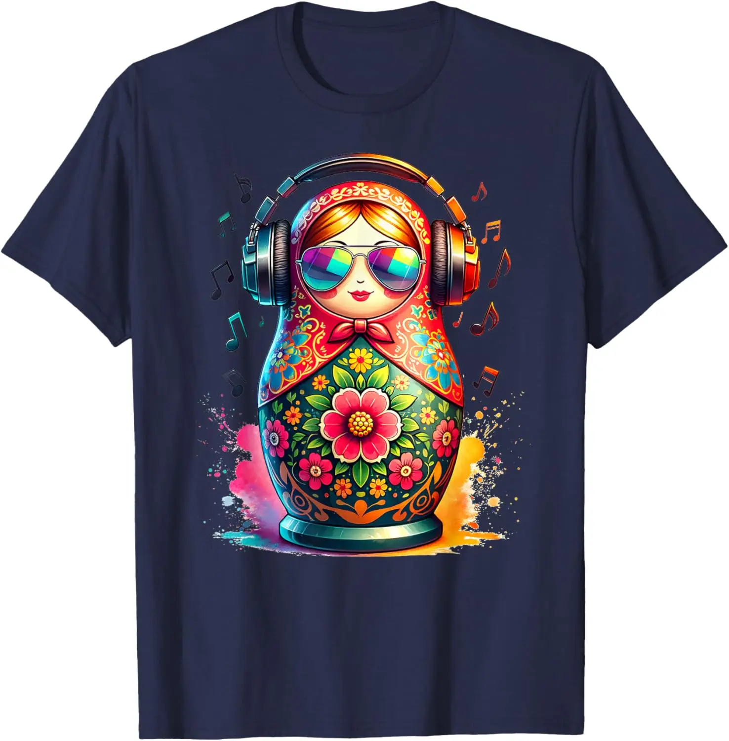 

DJ Matryoshka Doll Listening to Music Graphic Tee Men Casual Short Sleeve Crewneck T-Shirt
