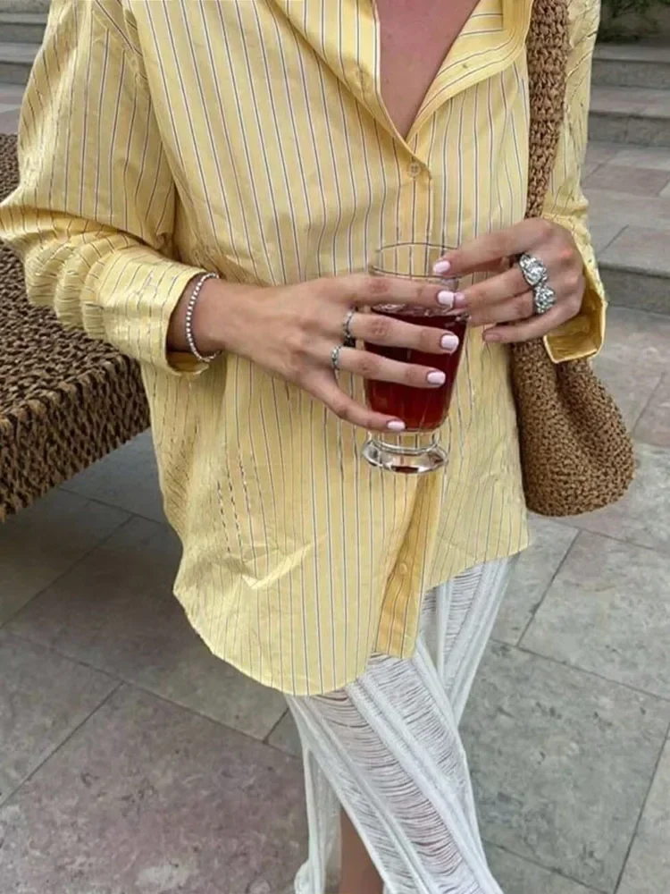 Revers Lange Mouwen Knoppen Lange Blouses Zomer Strand Stijl Tops 2025, Dames Geel Gestreept Los Shirt Dames