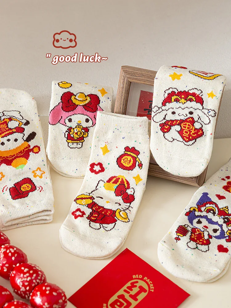 

5pairs Sanrio New Year socks girls fall and winter red cartoon mid-calf socks festive New Year cartoon children's socks