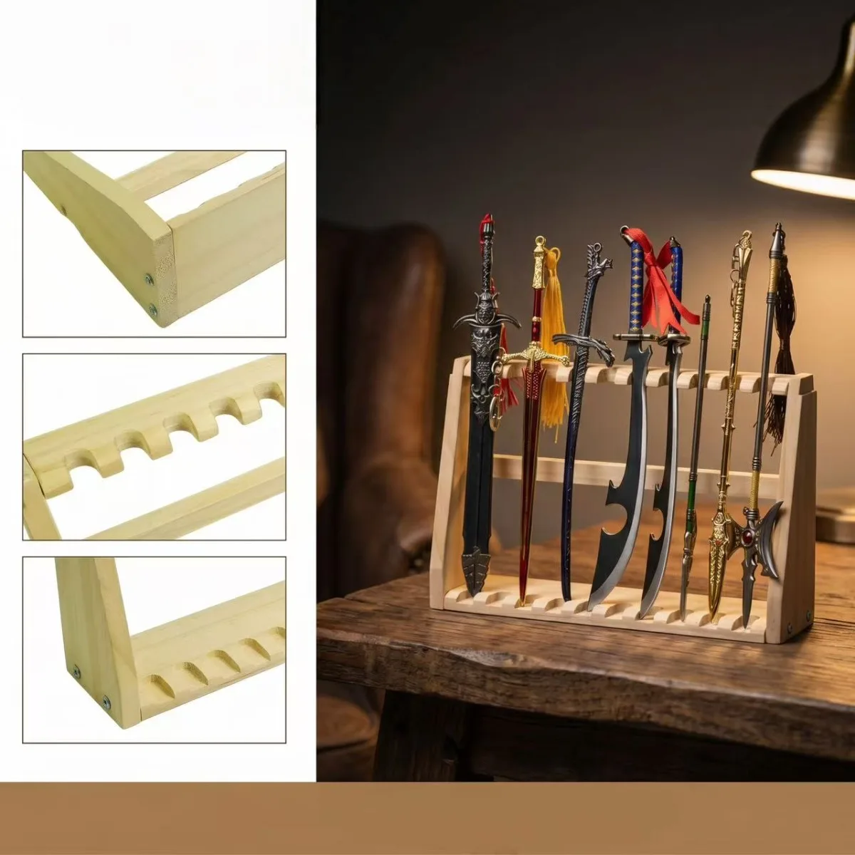 

Wooden Desktop Sword Display Stand Rack 8 Slot Mini Weapon Model Holder Collectible Game Anime Blade Display Organizer Gift