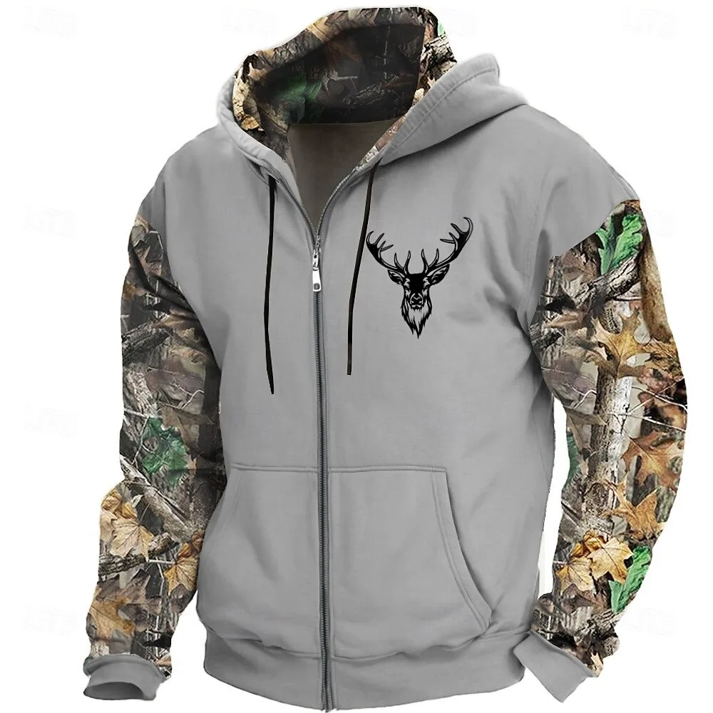 Men's Camo Deer Hoodie Jacket Sweatshirt Fashion Daily Hooded Vacation Hunting Brown Green Drawstring Zipper Fall Winter Hoodie