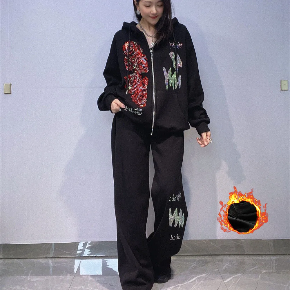 

Fashion Two Piece Sets Womens Outifits Flower Diamonds Casual Zipper Cardigan Winter Thick Fleece Hooded Long Pants Suits