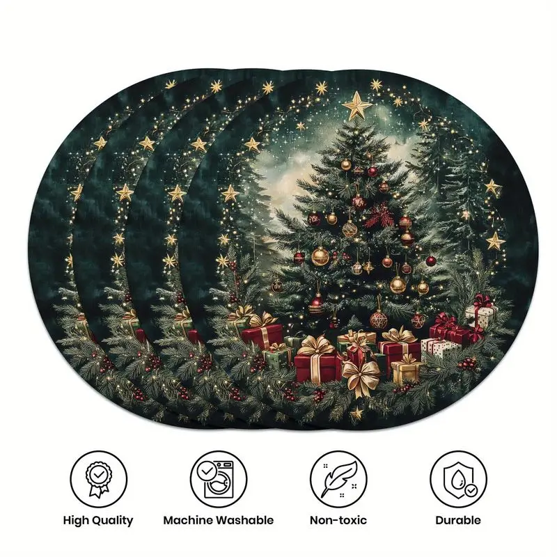 Vintage Wine Red Border Christmas Tree Round Christmas Placemat, Wear-Resistant Plate Mat for Home Dining Table Decor