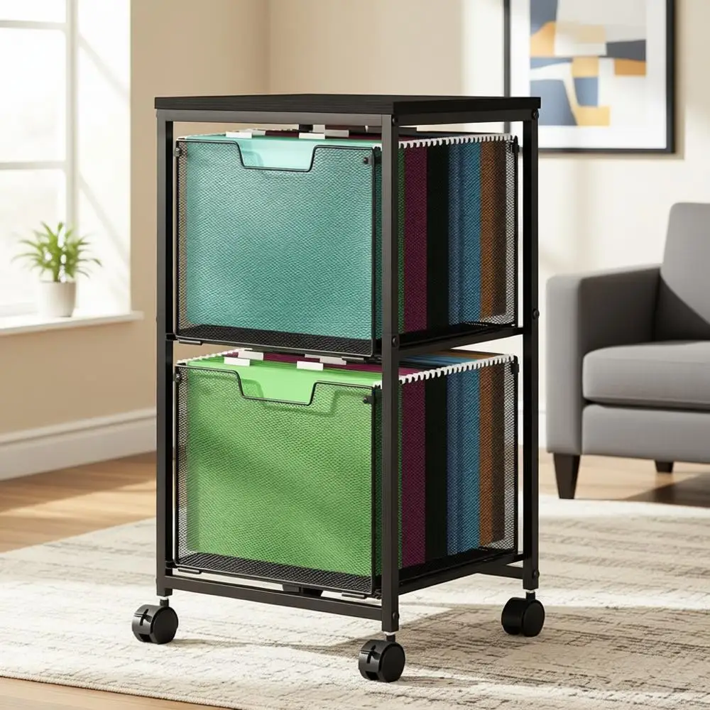

2-Shelf Rolling Cart with Cabinet and Hanging Organizer for Desk Storage, Black