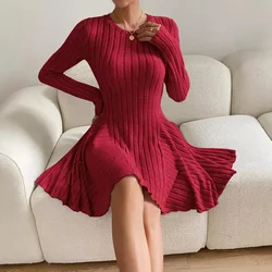 Fashion slim red a-line mini Dress for Women autumn winter Soft O-neck Bodycon Dress long sleeve elastic Knitted wedding Dresses