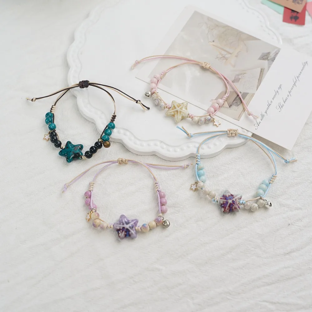 New Arrival Fashion Cute Ocean Starfish Star Bell Ceramic Woven Bracelet for Women Friends Summer Charm Jewelry Accessory Gifts