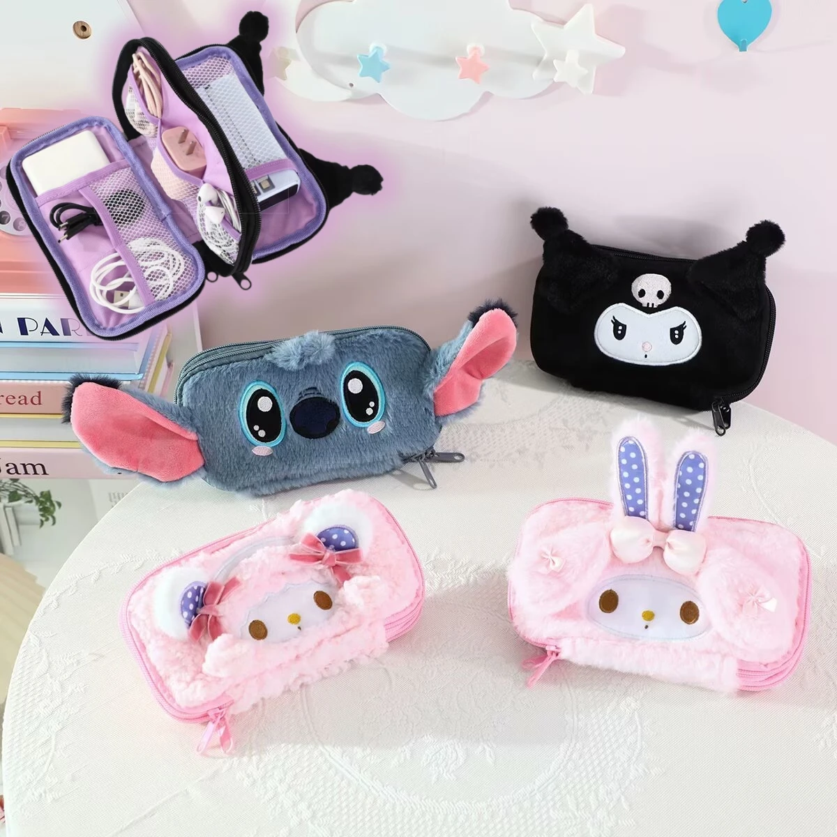 

Kuromi My Melody Plush Data Cable Headset Zipper Bag Coin Purse Cute Anime Plush Pouch Charger Storage Bag Kids Gifts