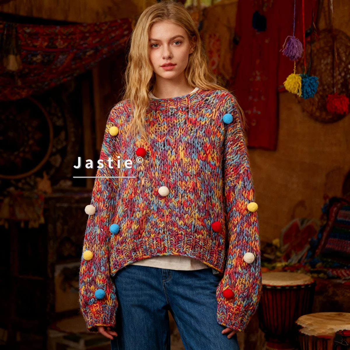 Retro Hand-crocheted Sweater 2026 Autumn/winter Loose Round Neck 3D Color-blocked Pom-pom Long Sleeves Warm Outerwear Sweater