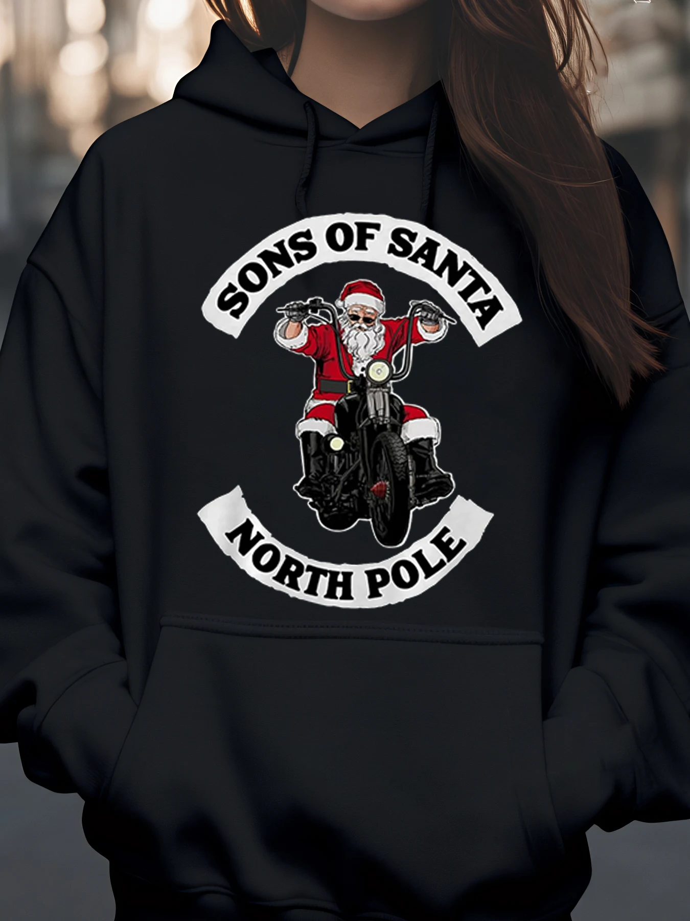 Papai Noel Motocicleta Sons of Santa North Pole Print Hoodie Natal Férias Casual Wear Unissex