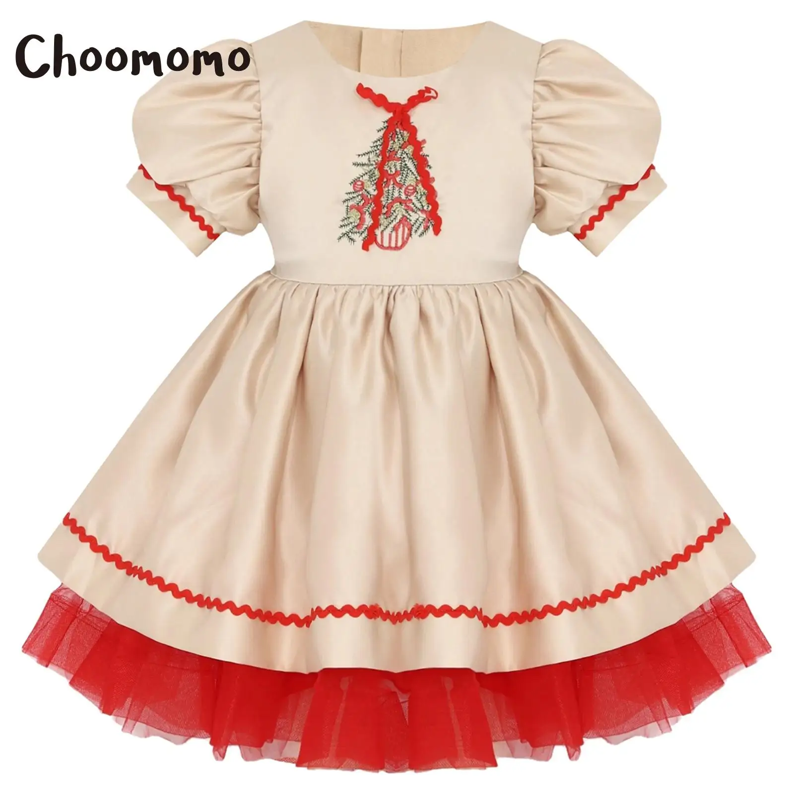 

Kids Girls Christmas Santa Dress Embroidery Pattern Puffy Sleeve Xmas Tutu Dress for Holiday Party and Family Gathering Event