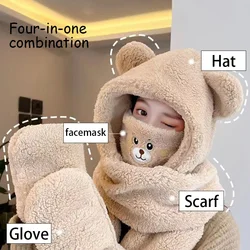 Women Hat Scarf Glove all-in-one Winter Versatile Cute Plush Cap Warm Thickened anti-freezing Windproof Hooded Scarf Gift