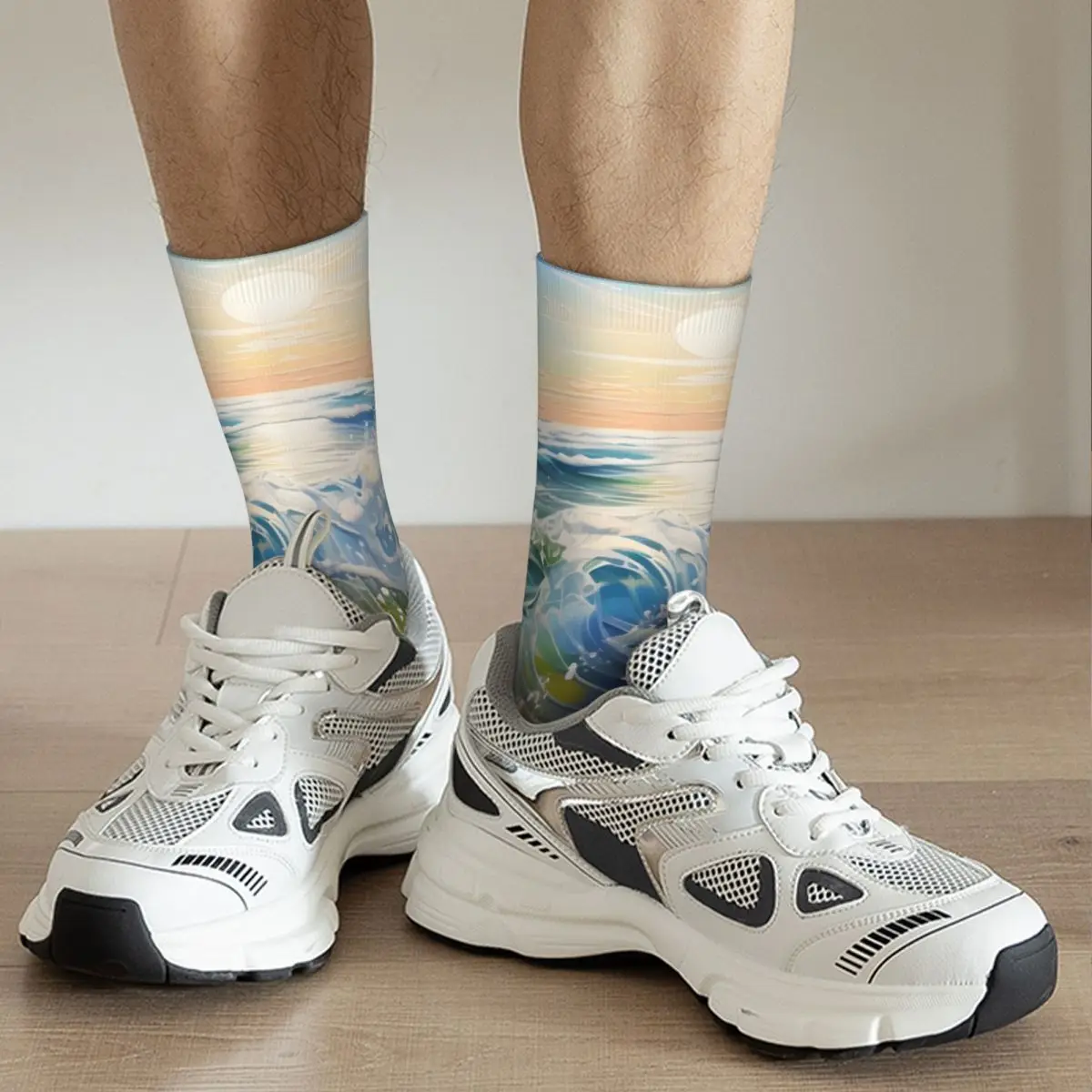 Retro Summer Beach Crashing Waves Oil Painting Men's compression Socks Unisex Harajuku Pattern Printed Novelty Crew Sock