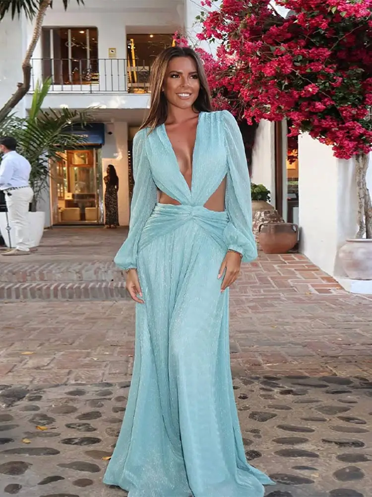 Sexy Deep V Neck Backless Hollow Out Solid Maxi Dress Elegant High Waist Full Sleeves Long Dresses Chic Lady Party Holiday Robes