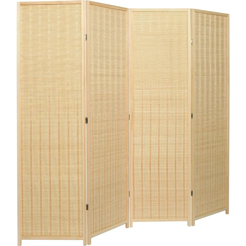 Decorative Independent Beige Woven Bamboo 4-panel Hinge Privacy Screen Portable Folding Room Divider