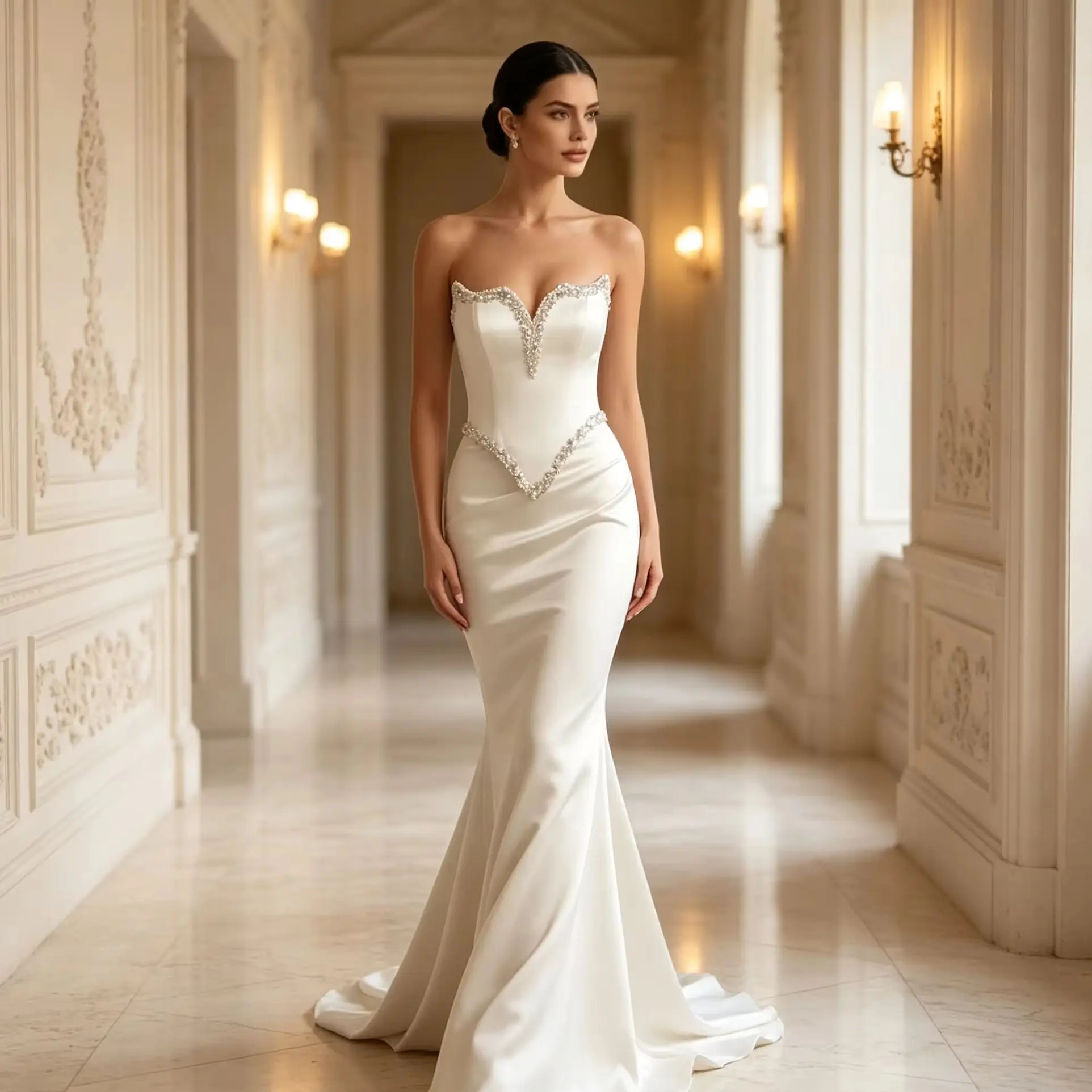 Customized White Elegant Mermaid Satin Wedding Dresses Exquisite Rhinestone Decoration Strapless Sleeveless Backless Bride Gowns