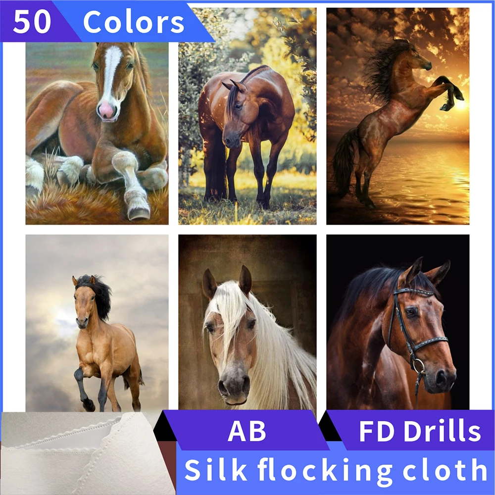 

50 Colors 5D Diamond Painting Black Brown Horses Silk Cloth Diamond Embroidery Rhinestone Diamond Mosaic Painting Cross Stitch