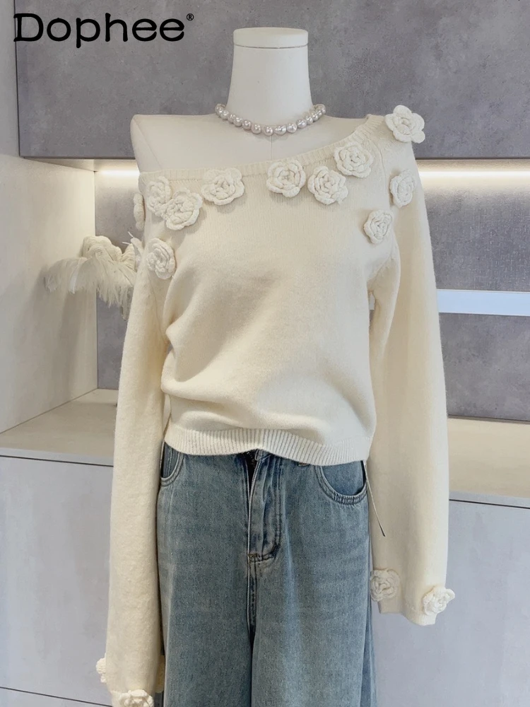 

French Three-dimensional Flower Slanted Shoulder Knitted Sweater Women's Autumn Winter Loose Inner Bottoming Knit Short Soft Top