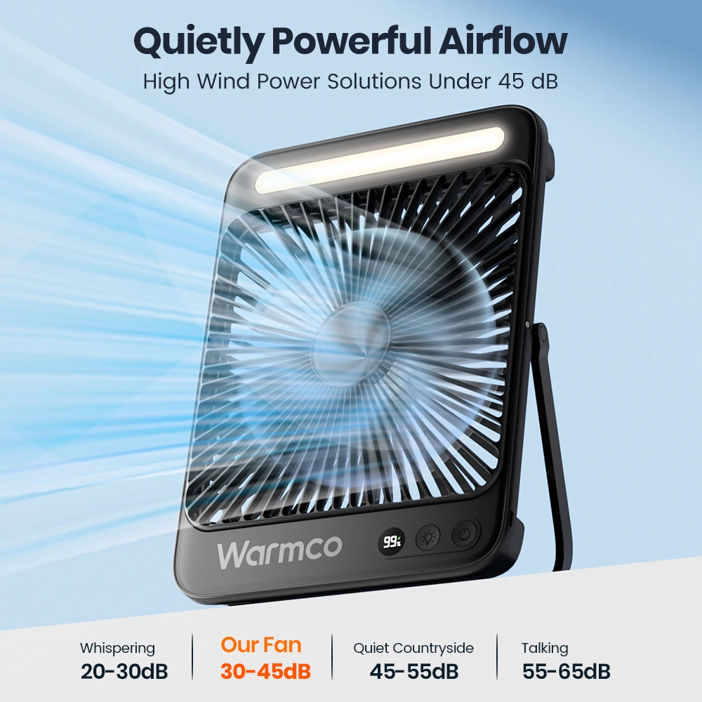Warmco D4 Portable Desk Fan Rechargeable 20000mAh Camping Fan with Light,48Hrs Run Time 8" Silent Personal Fan Digital Display image 5