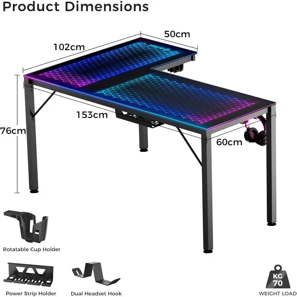 LED Lights 60 Inch L Shaped Reversible Black Glass Gaming Desk Home Office Computer Table GTG L60 Office Furniture