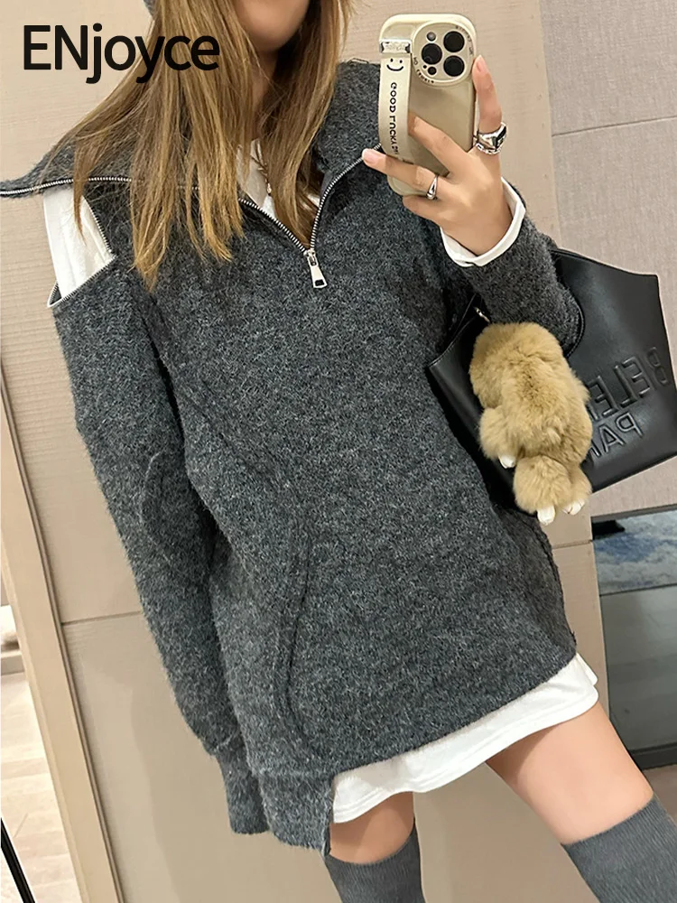 

ENjoyce Autumn Winter Women Vintage Off Shoulder Sweaters Y2K Street Style Zipper Turtleneck Loose Long Knitted Pullovers