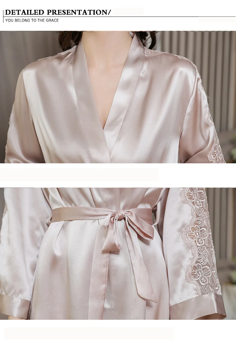 Birdtree 100%Pure Silk Pajamas Sets Women Sexy Robe Two-piece Lace Silk Nightdress Sleepwear Sleepshirts Lounge Nighty S37110QM