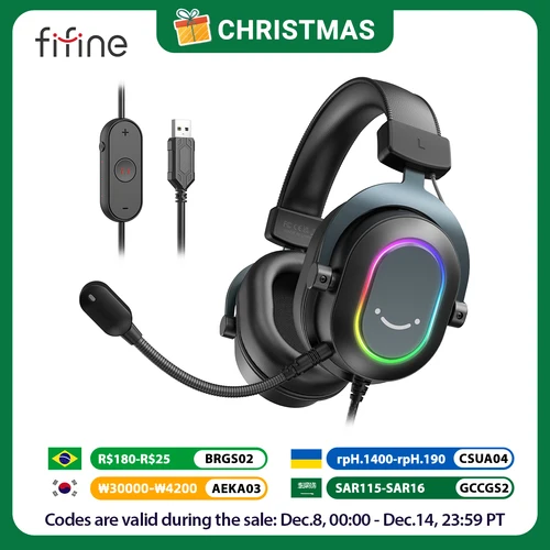 Imagen 1 del producto Fifine-auriculares dinámicos RGB para videojuegos, cascos supraaurales con micrófono, sonido envolvente 7,1, PC, PS4, PS5, 3 opciones EQ, juego, película, música