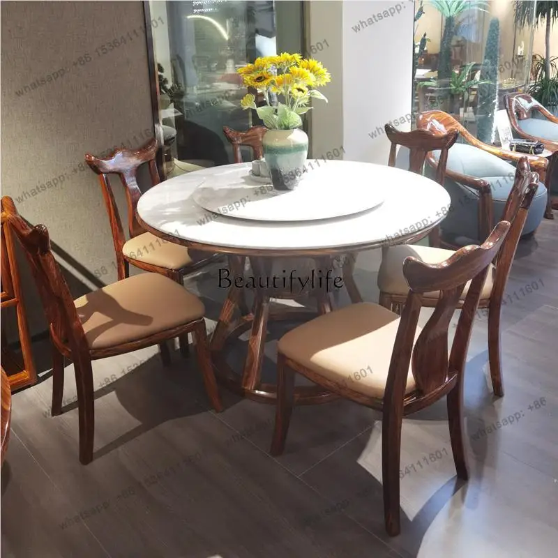 Factory Direct  New Chinese luxury stone ebony Dashi big round flat wood round dining stone villa