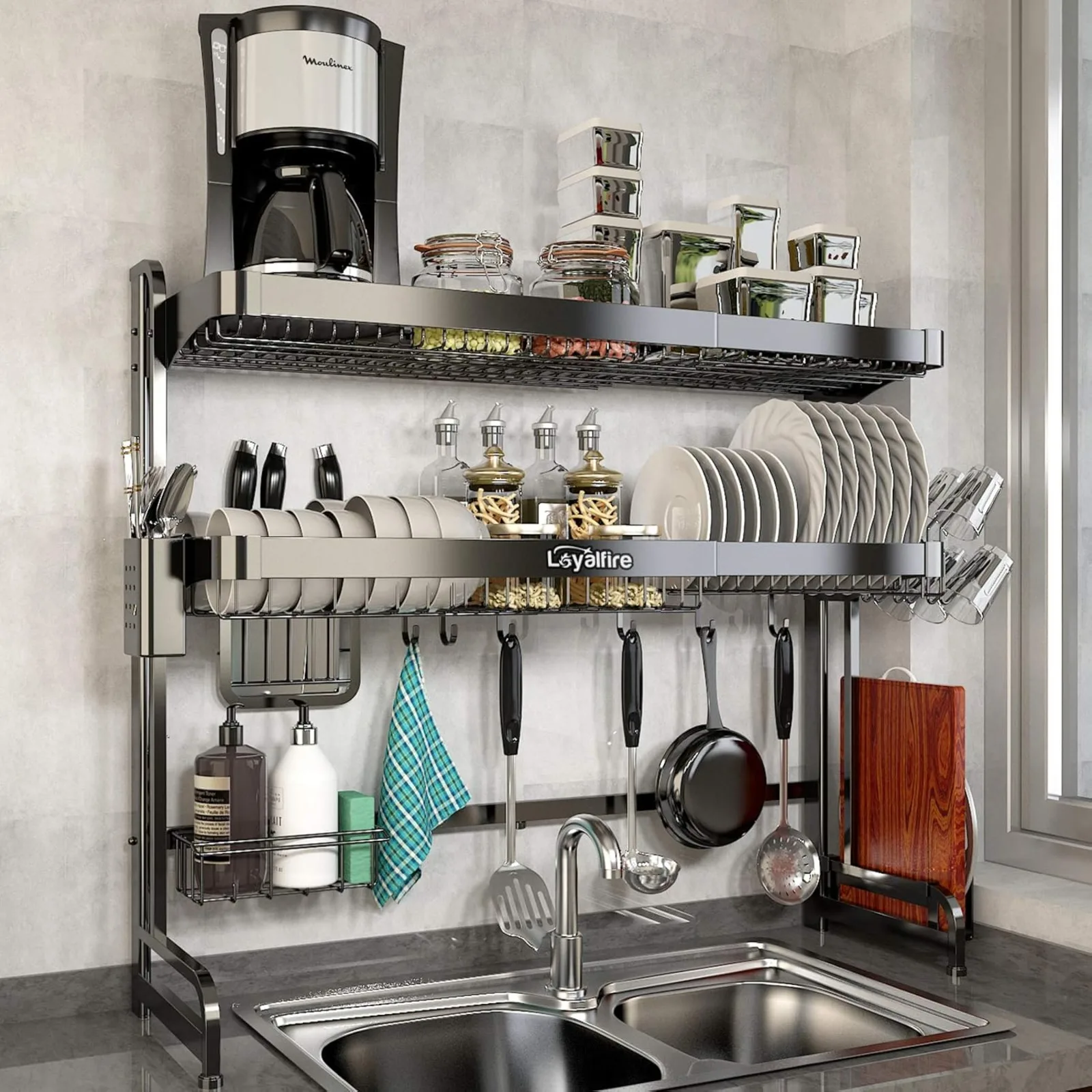 

US Over Sink Dish Drying Rack, 3 Tier Adjustable Length (20.87'' to 37.6'') Full Stainless Steel Large Storage Kitchen Dish