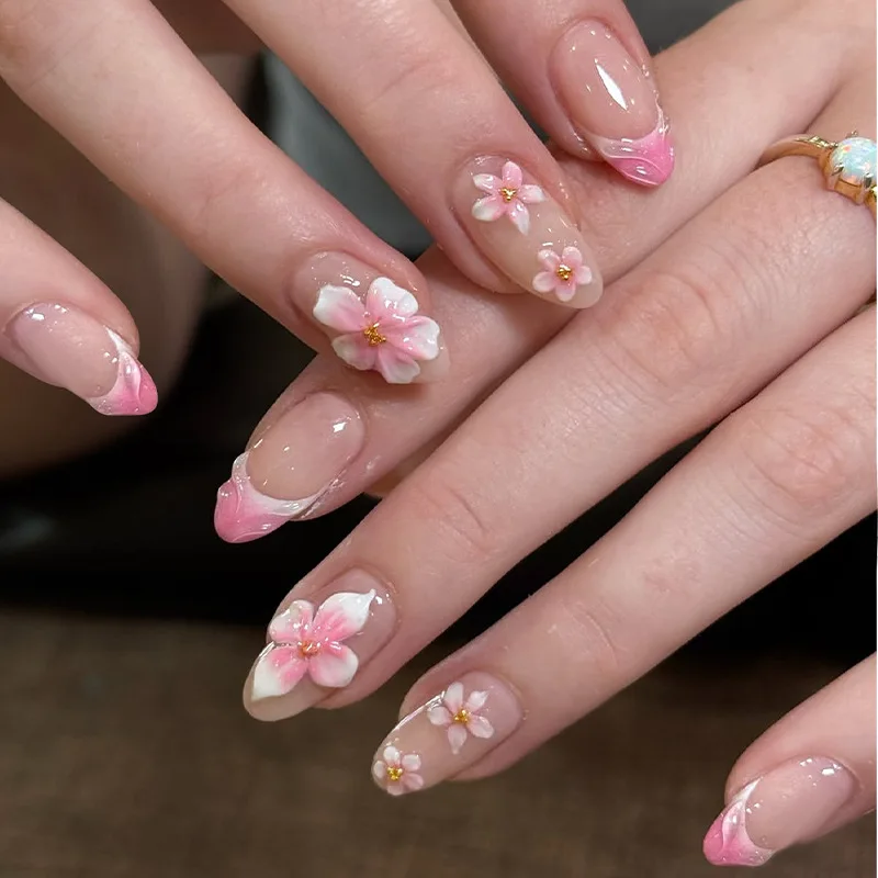 24個入りロングスティレットネイルセット、フラワー・スターデザイン、アーモンド型ネイルチップ、フレンチグラデーションフェイクネイルアート、完成済みつけ爪