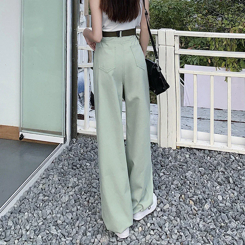 2023 New Summer Woman Jeans High Waist Wide Leg 98%Cotton Denim Pants Streetwear Fashion Jazz Hip-Hop Mint Green Dance Trousers