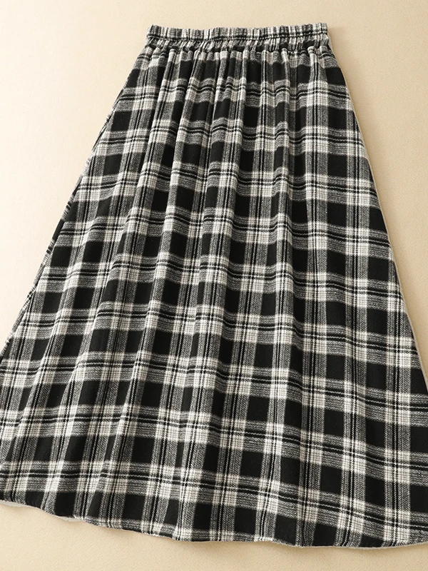 Women's A-Line Skirt Wool Cotton Knitted Grid Retro Artistic High Waist Elastic Belt City Commute Suitable Korean Style