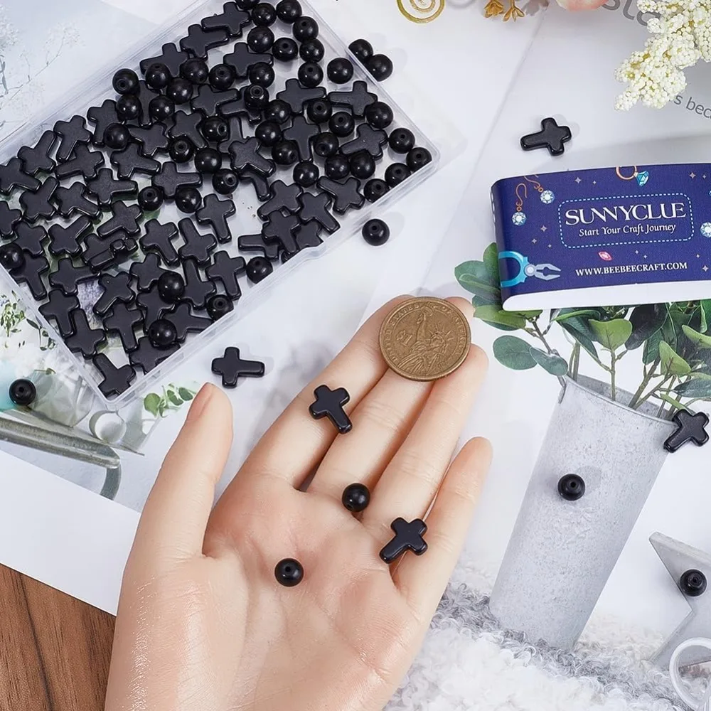 1 صندوق 160 قطعة الصليب الأسود الخرز 8 مللي متر الجولة فضفاض خزر عازل صغير صغير 16x12 مللي متر حجر الفيروز حبة #3