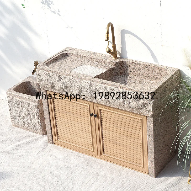 LYY Courtyard Laundry Sink with Washboard Integrated Basin Outdoor Natural Stone Marble Sink Wash Basin Cabinet Door