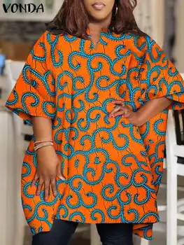 Vonda-camisa feminina boêmia com gola em v, elegante túnica de meia manga, tops casuais, blusas soltas, plus size, 5XL, verão, 2024