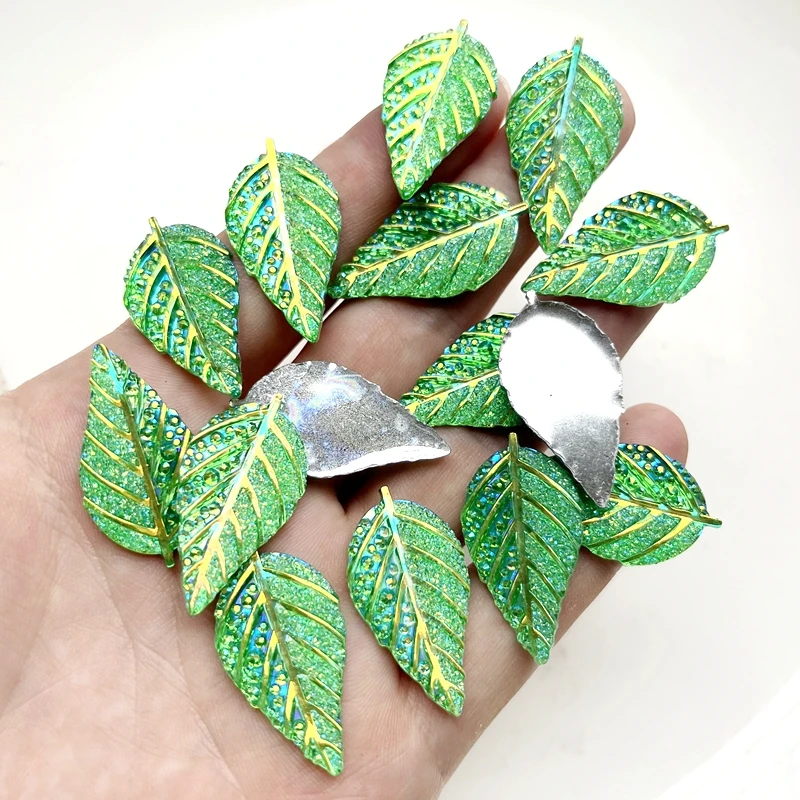 10pcs 33 * 17mm sparkling leaf shaped green AB resin Rhinestone flat back scrapbook DIY jewelry hair clip decoration accessories