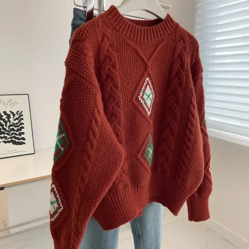

Women's Autumn Winter Lucky Wine Red Sweater Lady Basic Daily Joker Knitted Pullover Long Sleeve O-Neck Top 2025 Knitwear Female
