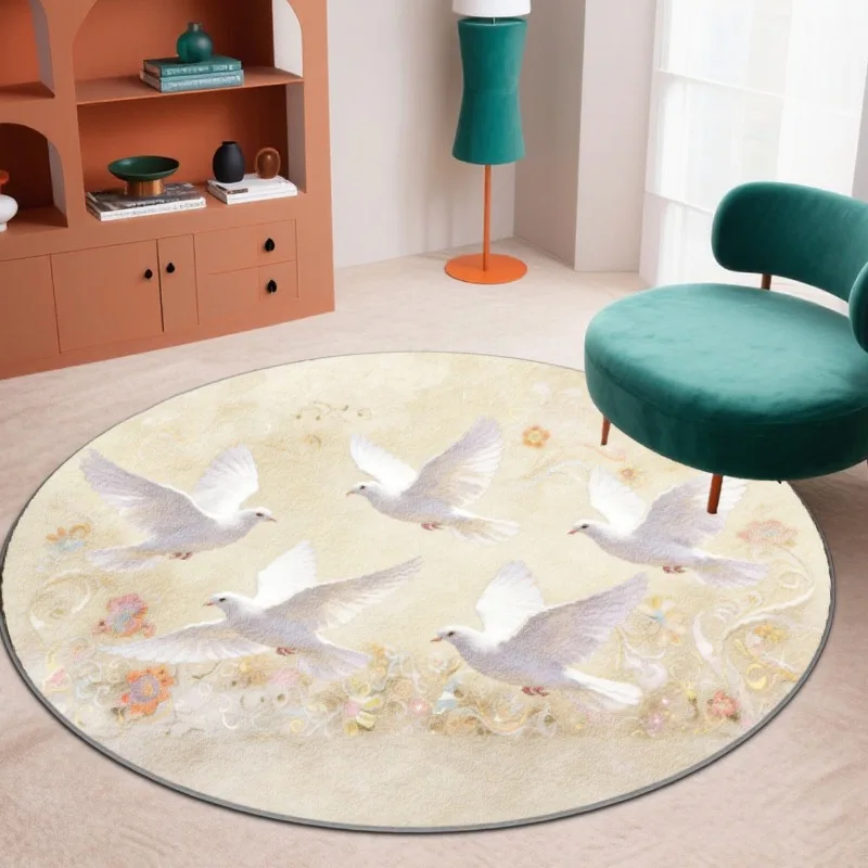 Vintage White Dove Round Carpet Flying Pigeon Floral Ornament Print Floor Mat for Living Room Bedroom Art Decor Present Ornament