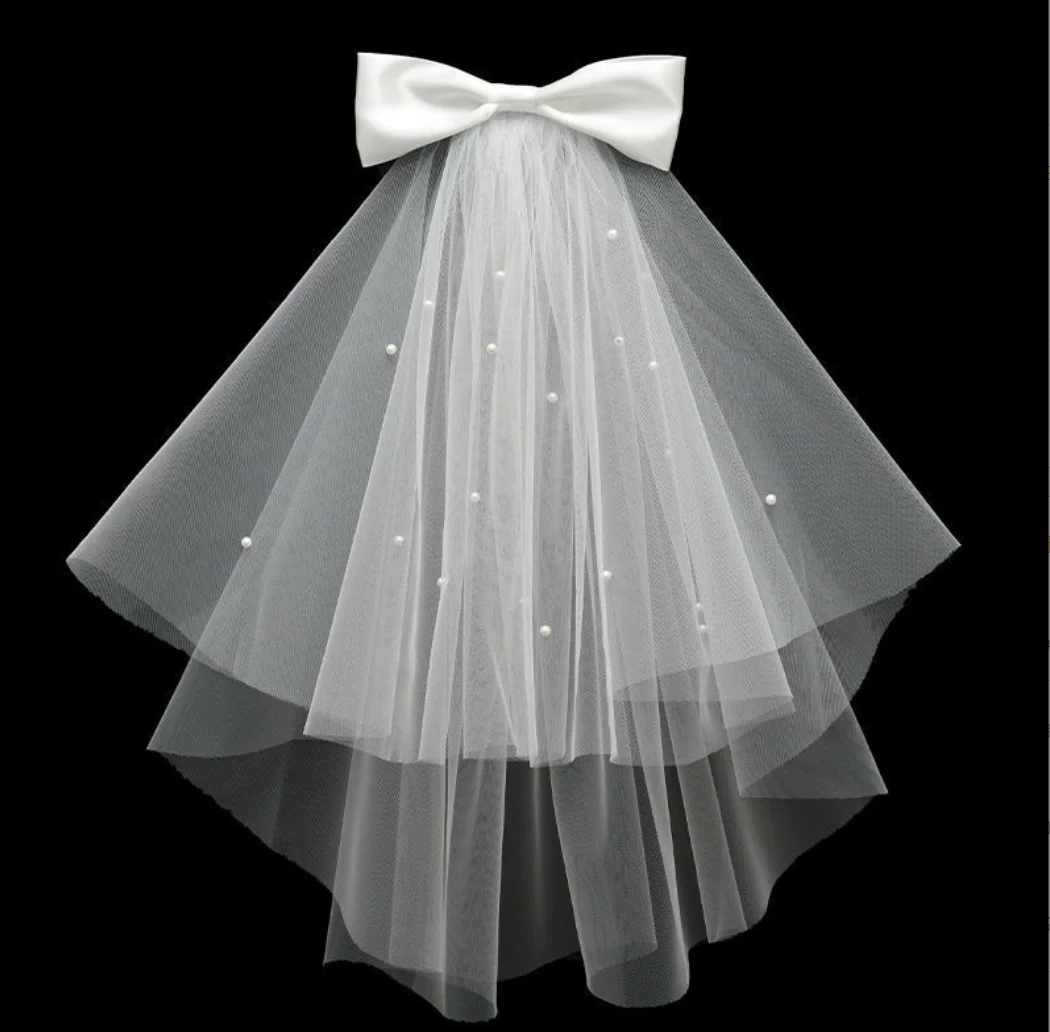 Elegant Wedding Veils For Bride 2 Tier Ribbon Tulle Pearls Bow Short Bridal Veils Headdress Bride To Be Veil With Clip