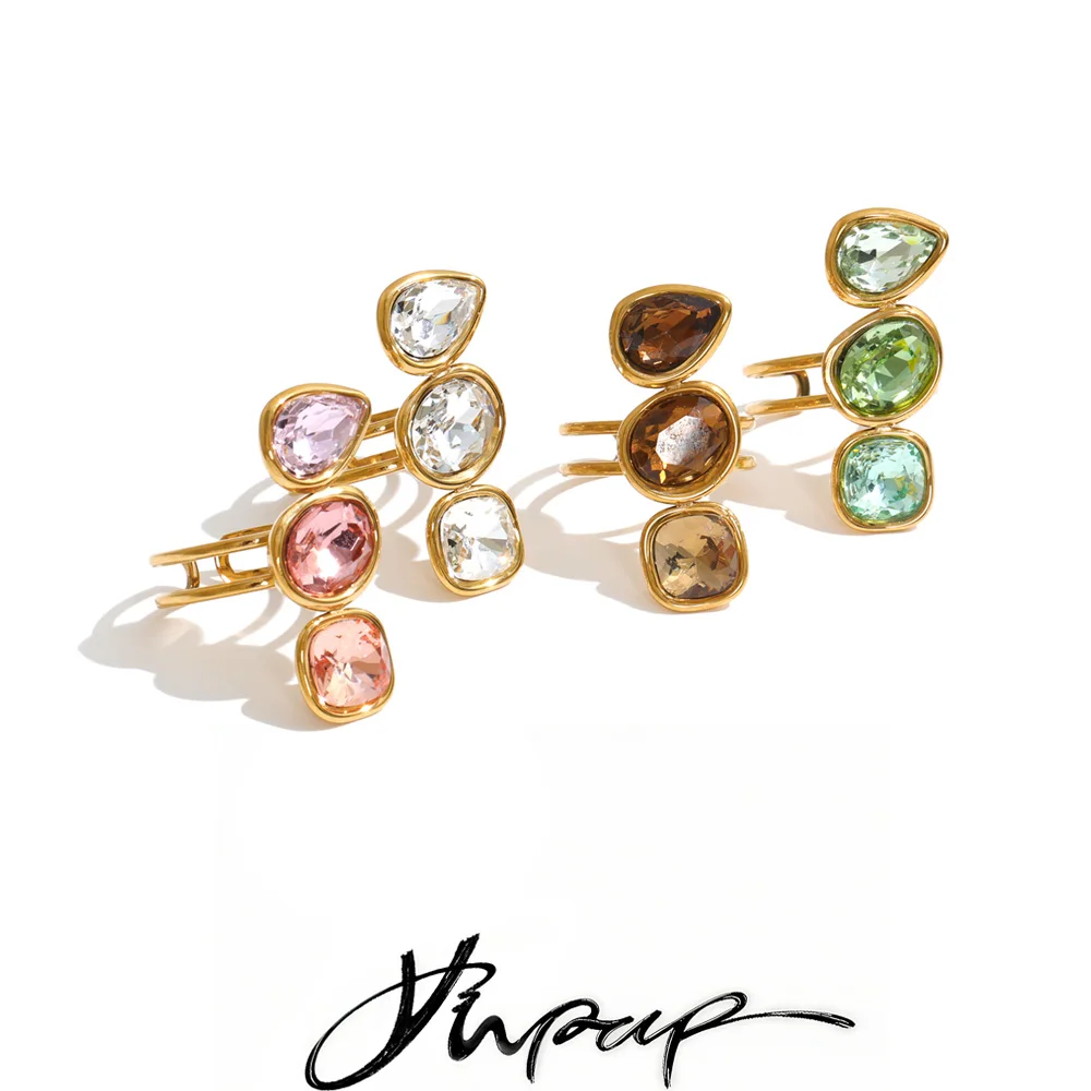 Yhpup Multi Color Stainless Steel Teardrop Square Crystal Open Adjustable Ring Trending Golden Finger Charm Jewelry