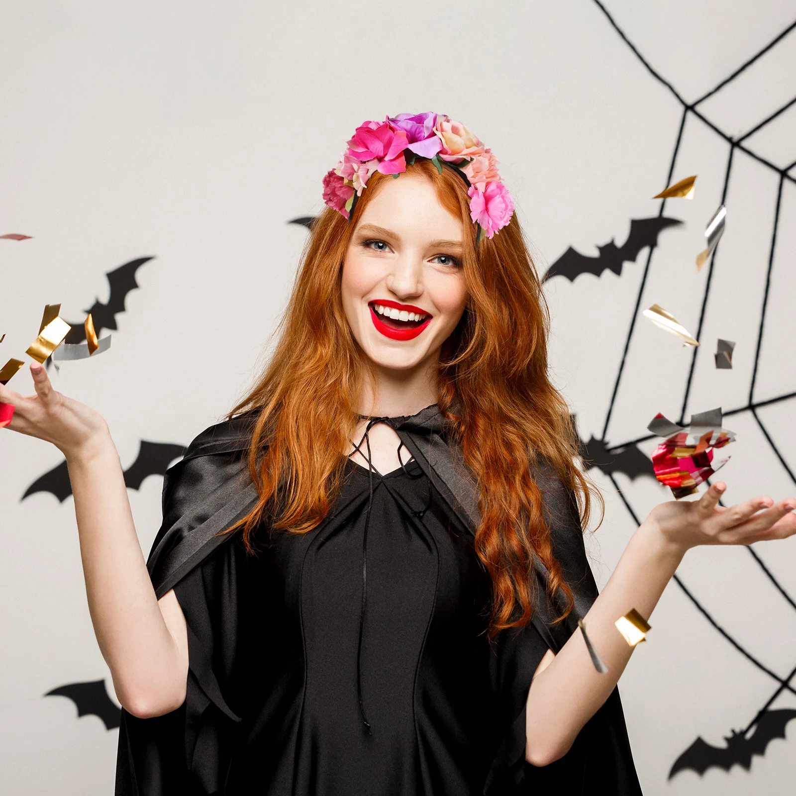 رباط شعر من البوليستر على شكل زهرة الورد للهالوين، رائع وخفيف الوزن ومريح لحفلات المهرجانات، رباط شعر على شكل زهرة الورد