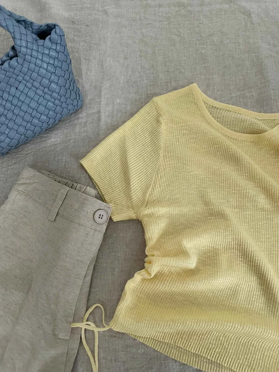 Delicate Gentle Wind Dopamine Inducing Ice Silk Knitwear T-shirt Women's Summer Stylish Short Sleeve Drawstring Top