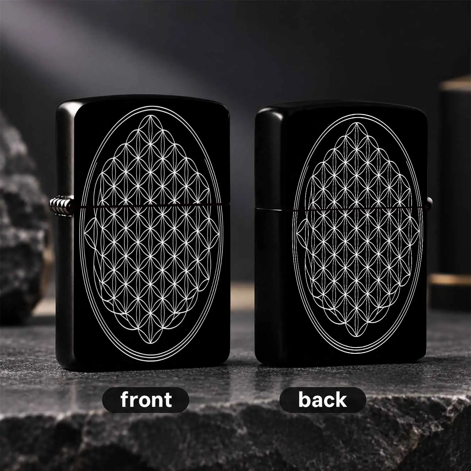 Exquisite Flower Of Life Geometric Pattern Lighter, Minimalist White Line Art On Black Surface, Sleek Portable Design For Daily Use, Outdoor Camping, Home Hospitality And Various Scenarios, Ideal As A Practical Personal A Humorous And Inter