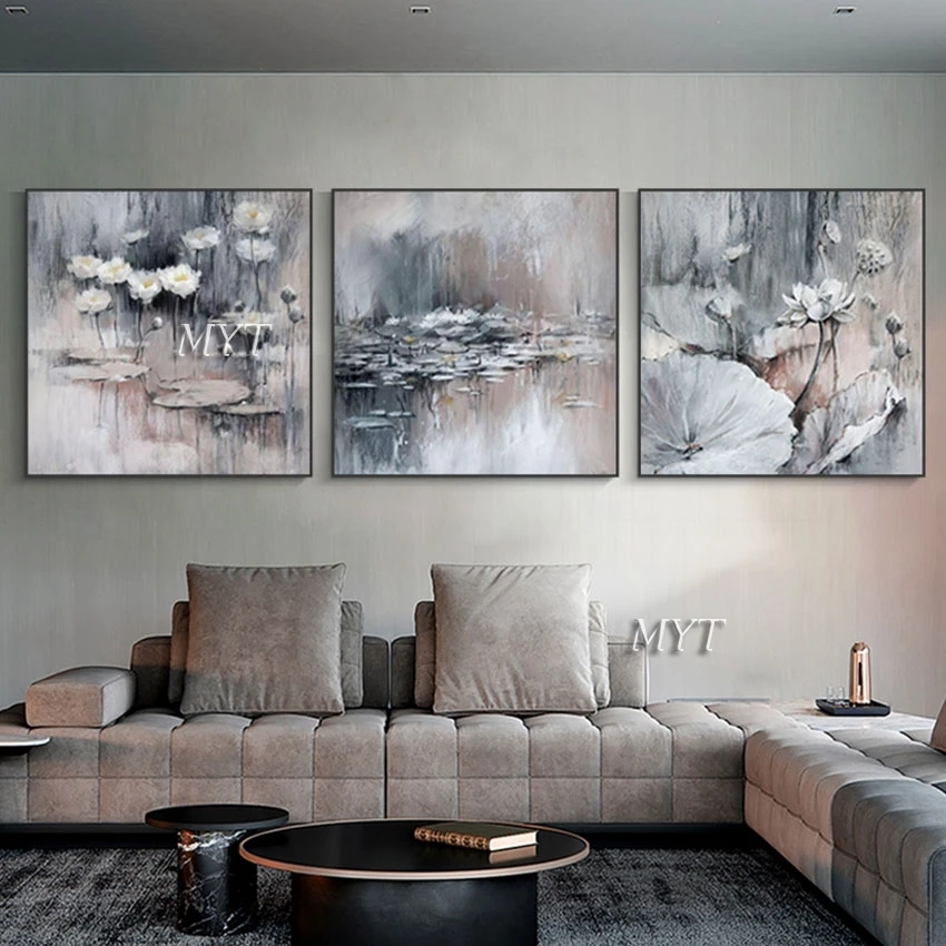 

No Framed 3 Piece Canvas Art Lotus Pond Modern Textured Canvas Acrylic Painting High Quality Abstract Art Picture Home Decor