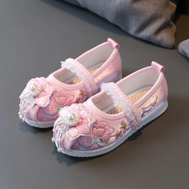 

Handmade Floral Embroidered Shoes for Girls Flat Cotton Cloth Shoes Chinese Style Children's Hanfu Performance Shoes Kids Pink