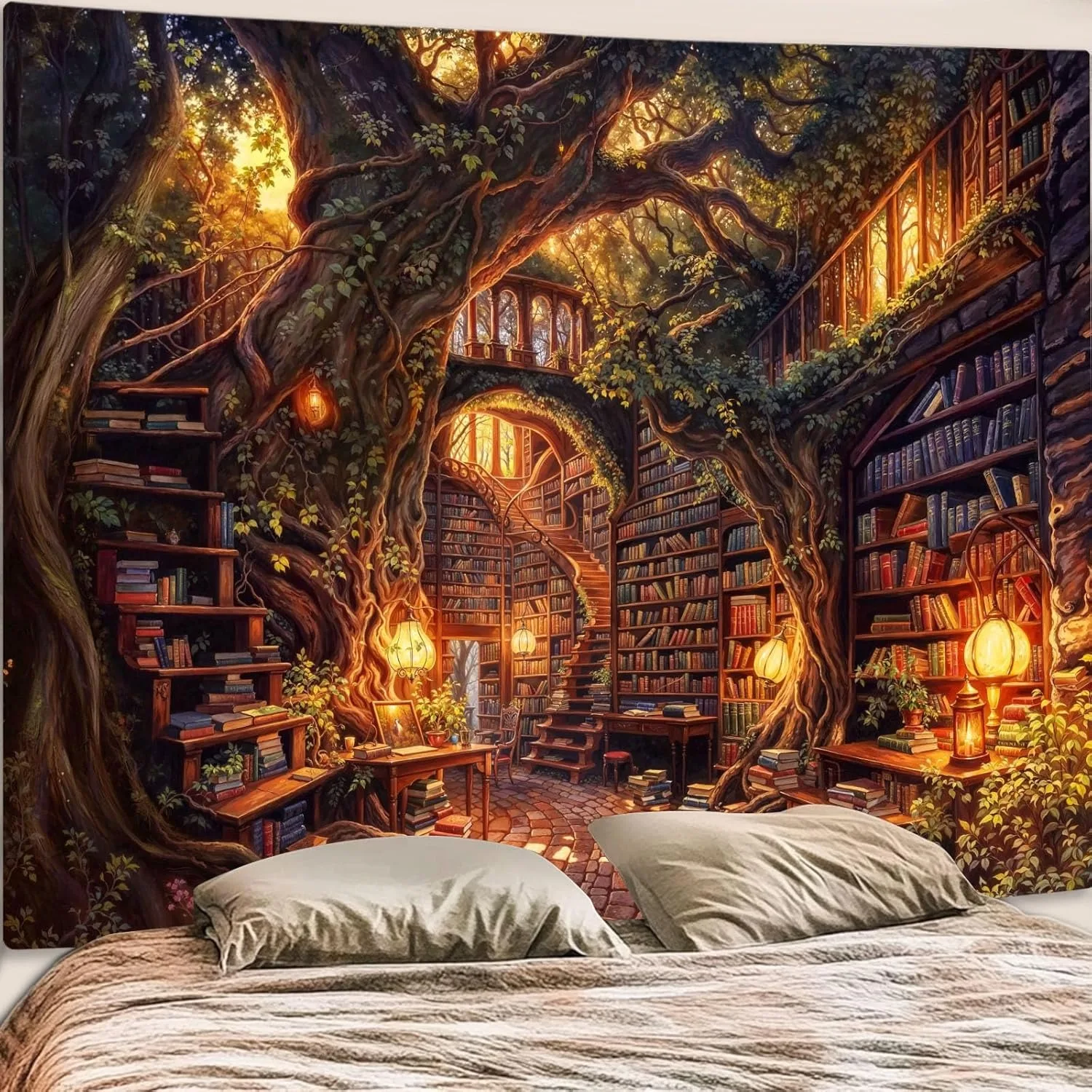 Vintage Fantasy Fairy Tale Tree House Books Bedroom Living Room Dormitory Classroom Printed Tapestry Living Room Bedroom Home De