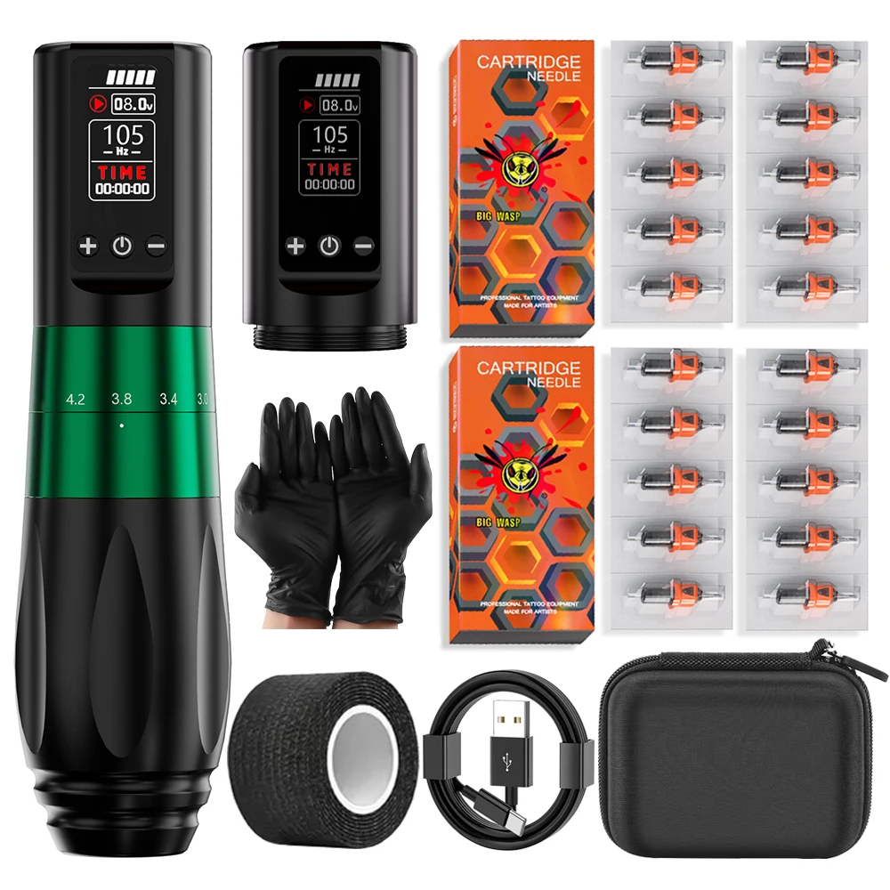 

BIGWASP 1800mAh Two Battery Tattoo Pen Kits V77 Wireless Coreless Motor Tattoo Machine Kits 7 Stroke Adjustable Tattoo Gun Kits