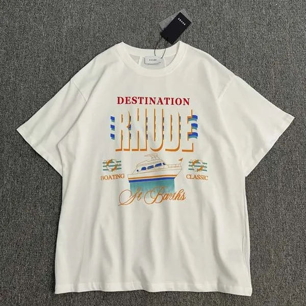 Rhude New Trendy Yacht Letter Print Loose Short Sleeve T-Shirt, Unisex Casual Top for Men Women