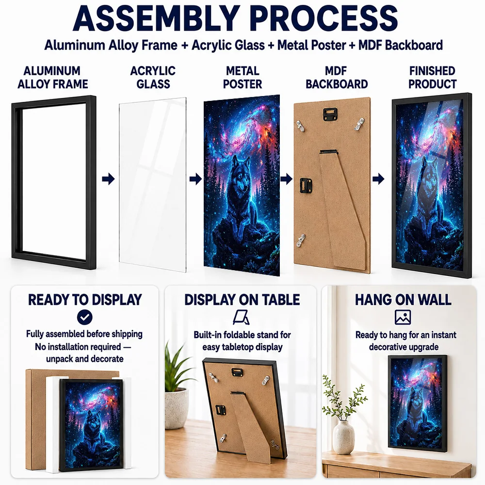 Cosmic Wolf In A Starry Forest Framed Aluminum Metal Poster Customized Photo Astronomical Wonder Style Wall Art For Media Room