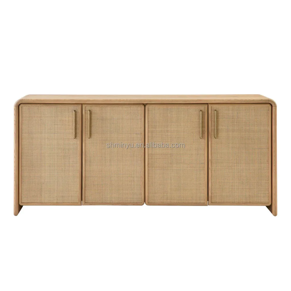 

MINYU 2025 Luxury Solid Oak Wood Sideboard Wabi-Sabi Style 4 Door Cabinet 72" Natural Cane for Dining Living Room Furniture