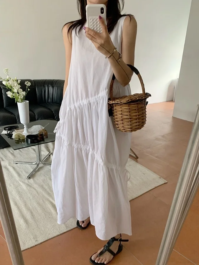 Elegant Long Sleeveless Dress with Drawstring Dongda Gate Style Casual Commute Wind for Holiday Outdoor Campus And Street Style